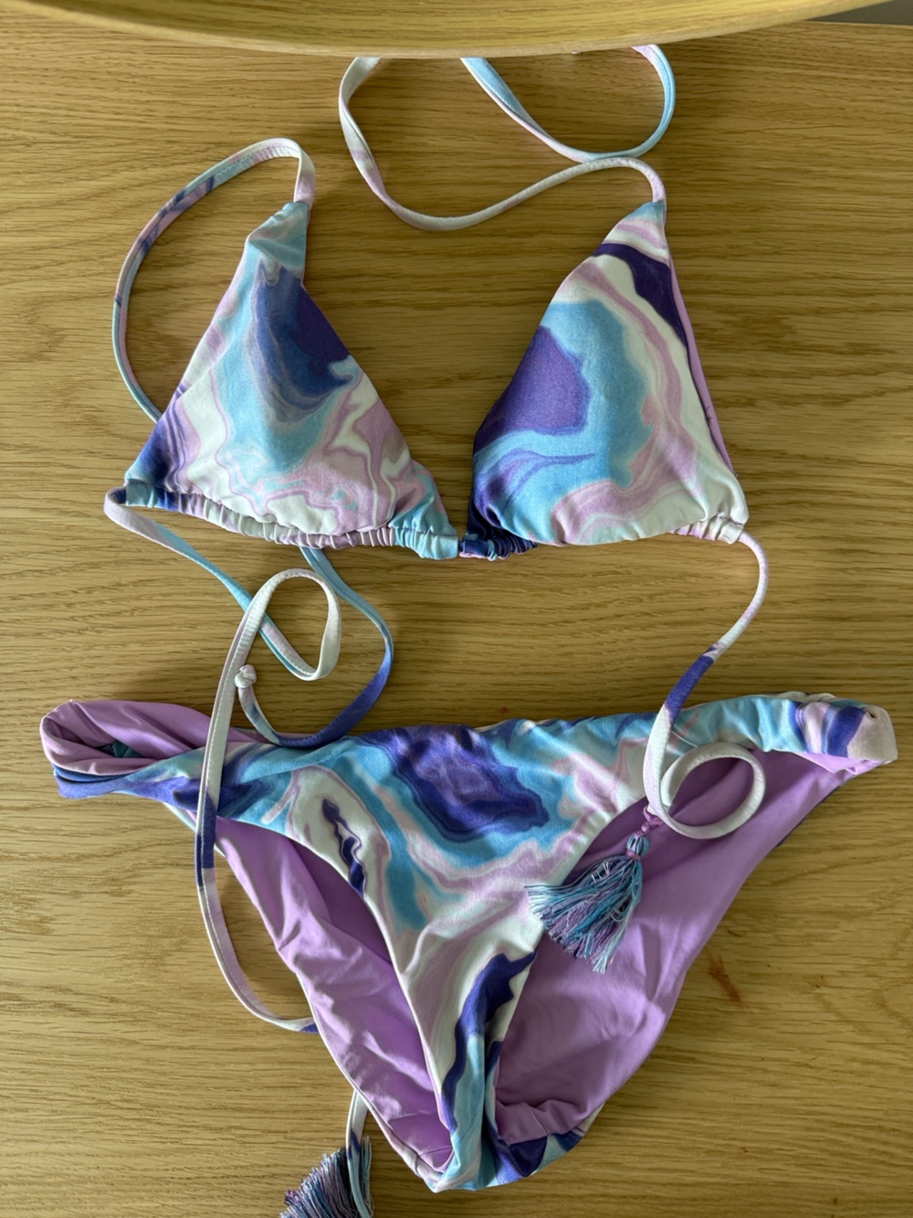Marble Print Triangle String Bikini Top and Bottom - Pastel Purple Blue - Small